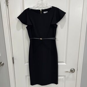 Knee Length Black Sheath Dress with Flutter Sleeves for Cocktail